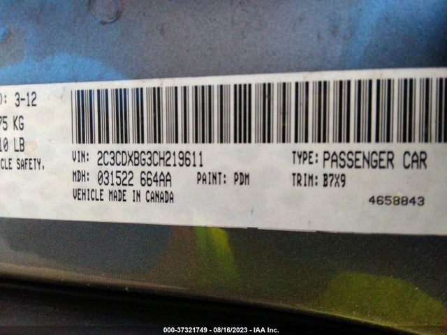 2012 DODGE CHARGER SE VIN: 2C3CDXBG3CH219611