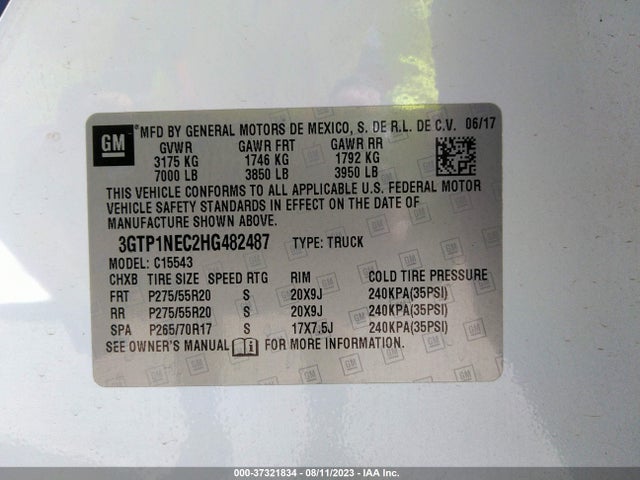 2017 GMC SIERRA 1500 SLT VIN: 3GTP1NEC2HG482487