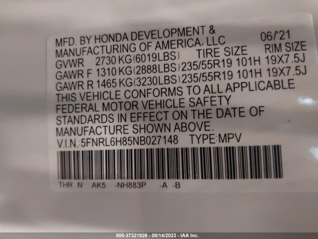Honda Odyssey Touring 2022 5FNRL6H85NB027148 Image 9