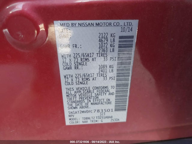 2015 NISSAN ROGUE SV VIN: 5N1AT2MV0FC783501