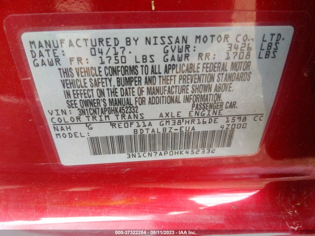 Nissan Versa 1.6 Sv 2017 3N1CN7AP0HK452332 Image 9