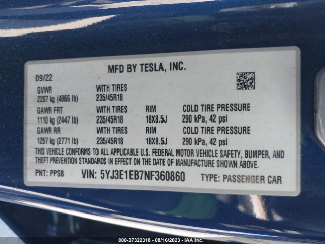 5YJ3E1EB7NF360860 Tesla Model 3 Long Range