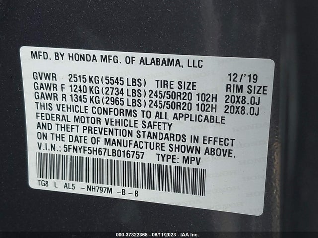 Honda Pilot Touring 7-passenger 2020 5FNYF5H67LB016757 Image 9