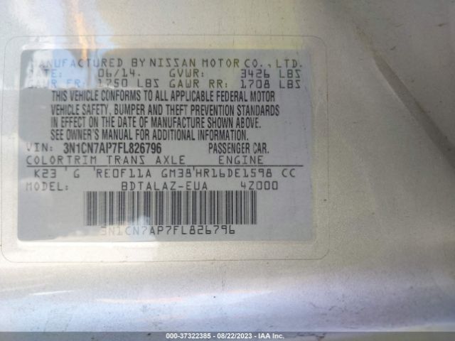 3N1CN7AP7FL826796 Nissan Versa S Plus