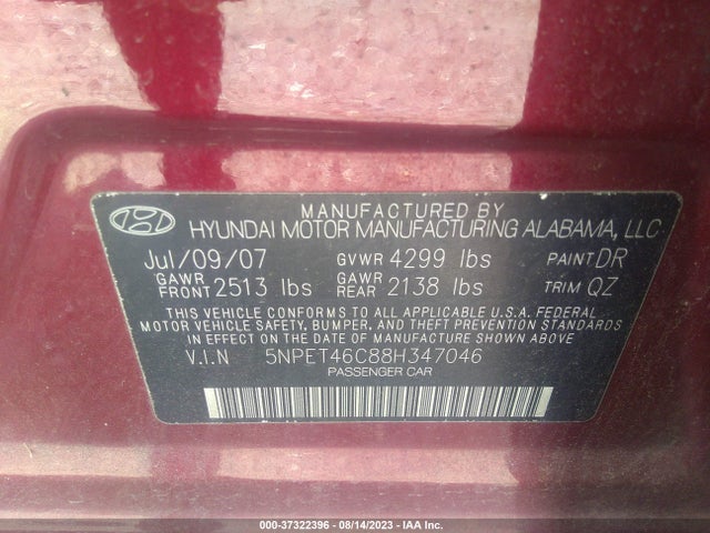 2008 HYUNDAI SONATA GLS VIN: 5NPET46C88H347046
