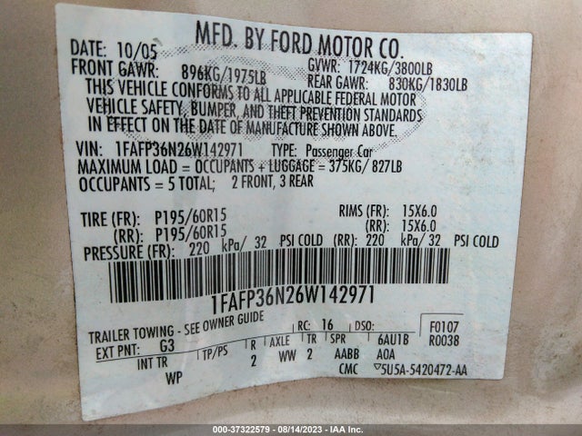 2006 FORD FOCUS SE/SES VIN: 1FAFP36N26W142971