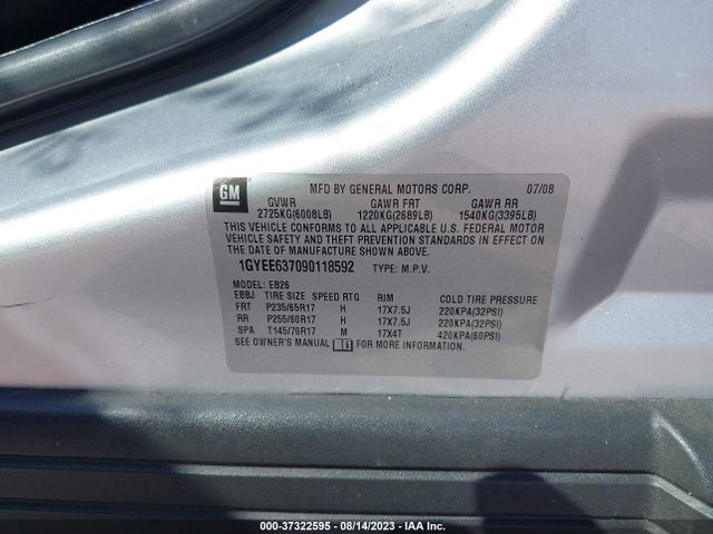 2009 CADILLAC SRX RWD VIN: 1GYEE637090118592