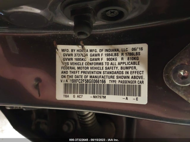 Honda Civic Sedan Lx 2016 19XFC2F58GE066166 Image 9