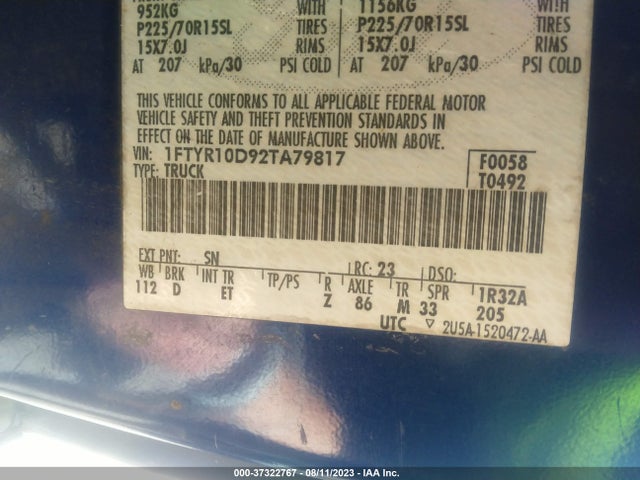 2002 FORD RANGER XL VIN: 1FTYR10D92TA79817