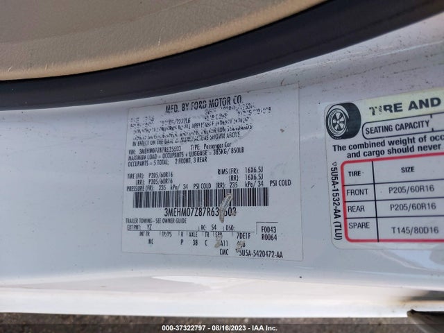 2007 MERCURY MILAN VIN: 3MEHM07Z87R635603