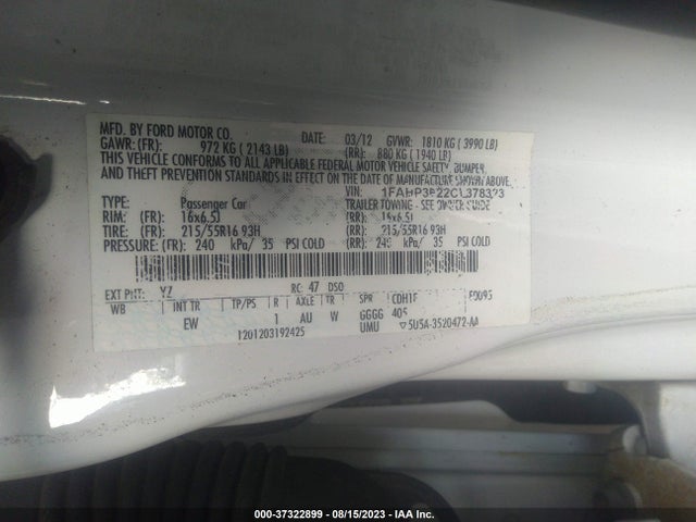 2012 FORD FOCUS SE VIN: 1FAHP3F22CL378323