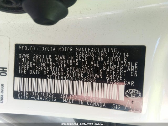 2015 TOYOTA COROLLA L/LE/S/S PLUS/LE PLUS VIN: 2T1BURHE0FC328986