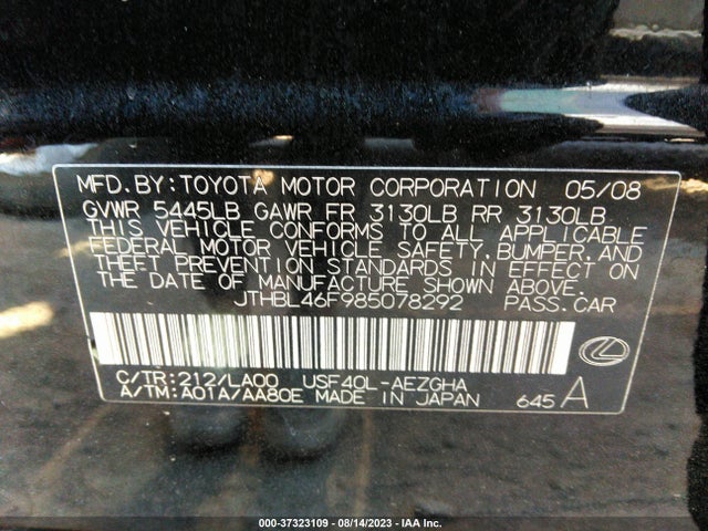 2008 LEXUS LS 460 VIN: JTHBL46F985078292