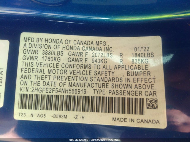 2022 HONDA CIVIC SEDAN SPORT VIN: 2HGFE2F54NH566919