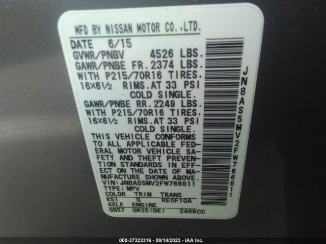 JN8AS5MV2FW766811 Nissan Rogue Select S