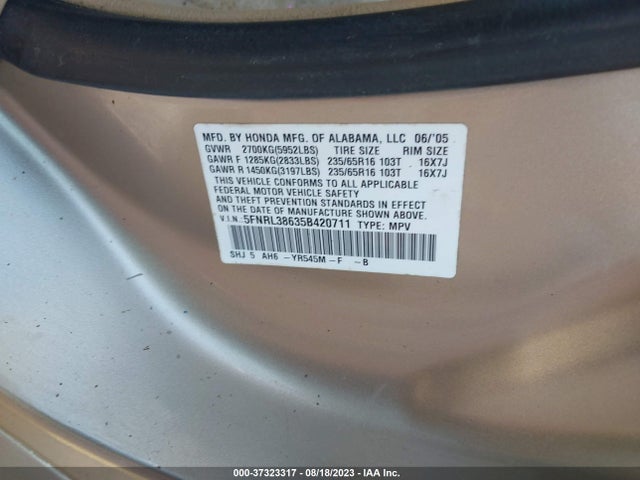 2005 HONDA ODYSSEY EX-L VIN: 5FNRL38635B420711