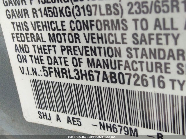 2010 HONDA ODYSSEY EX-L VIN: 5FNRL3H67AB072616