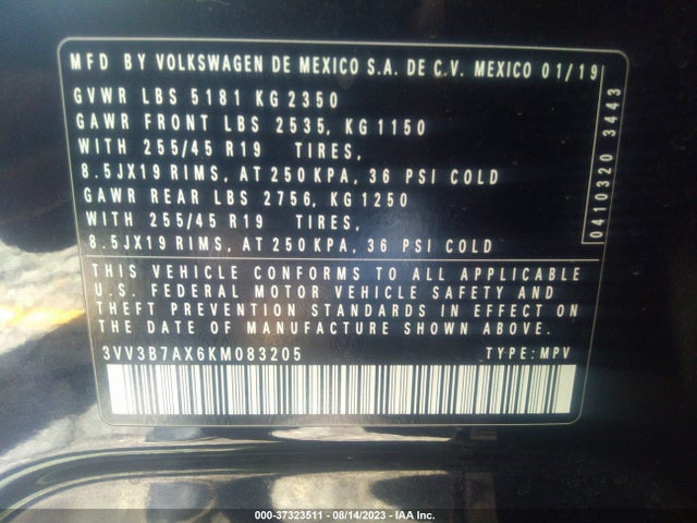 3VV3B7AX6KM083205 Volkswagen Tiguan Se/sel/sel R-line