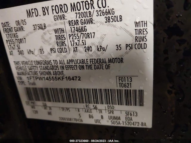 2005 FORD F-150 XLT/FX4/LARIAT/KING RANCH VIN: 1FTPW14555KF16472