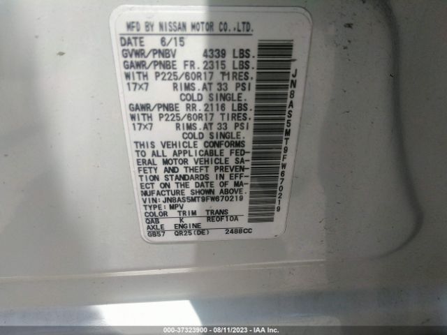 JN8AS5MT9FW670219 Nissan Rogue Select S