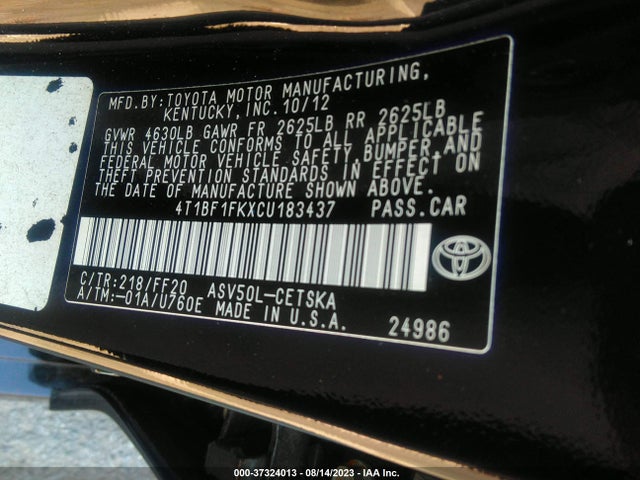 2012 TOYOTA CAMRY L/LE/SE/XLE VIN: 4T1BF1FKXCU183437