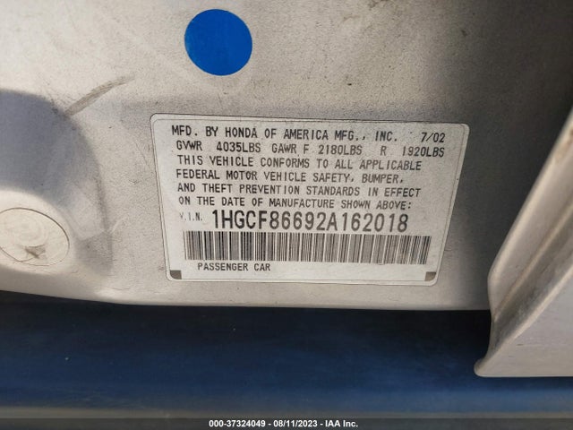2002 HONDA ACCORD SDN VP VIN: 1HGCF86692A162018