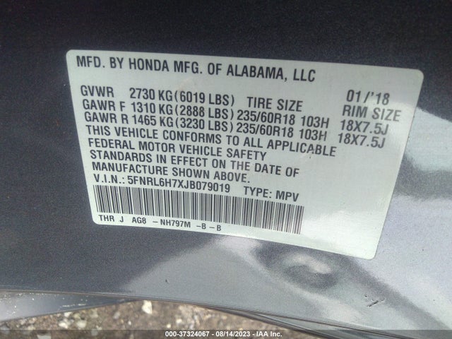 2018 HONDA ODYSSEY EX-L VIN: 5FNRL6H7XJB079019