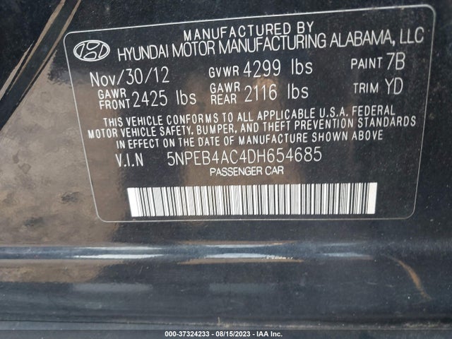 2013 HYUNDAI SONATA GLS PZEV VIN: 5NPEB4AC4DH654685
