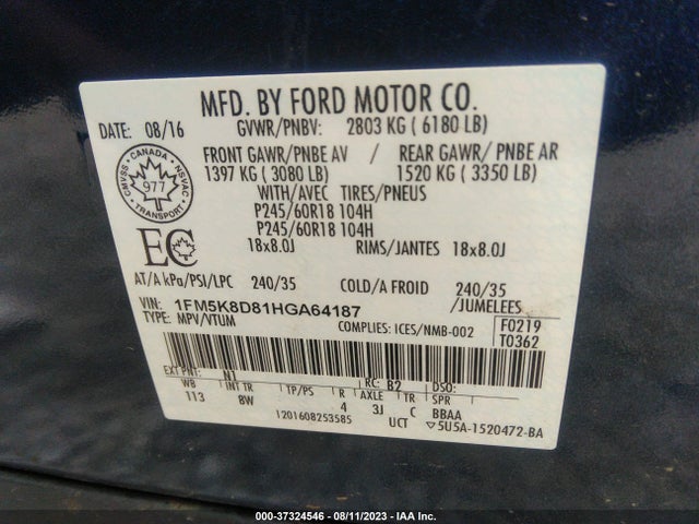 Ford EXPLORER XLT 2017 1FM5K8D81HGA64187 Image 16