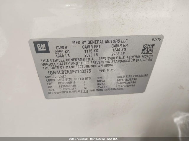 Chevrolet EQUINOX LT 2015 1GNALBEK3FZ143375 Image 15
