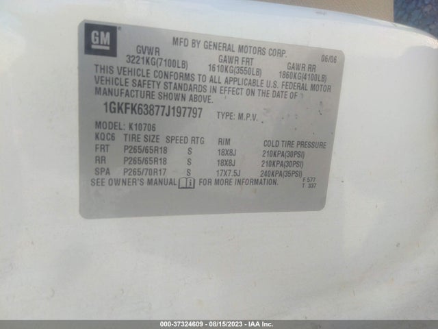 37324609 :رقم المزاد ، 1GKFK63877J197797 vin ، 2007 Gmc Yukon Denali مزاد بيع
