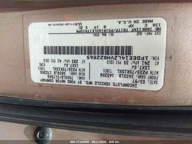 1997 FORD ECONOLINE COMMERCIAL VIN: 1FDEE14L2VHB22865