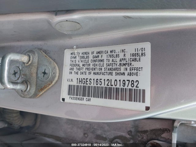 2002 HONDA CIVIC LX VIN: 1HGES16512L019782