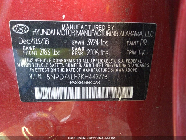 2019 HYUNDAI ELANTRA SE VIN: 5NPD74LF2KH442773