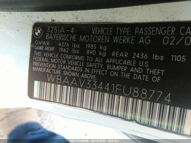 2001 BMW 3 SERIES 325I VIN: WBAAV33441FU88774