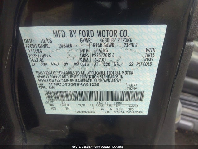 2009 FORD ESCAPE XLT VIN: 1FMCU93G99KA81236