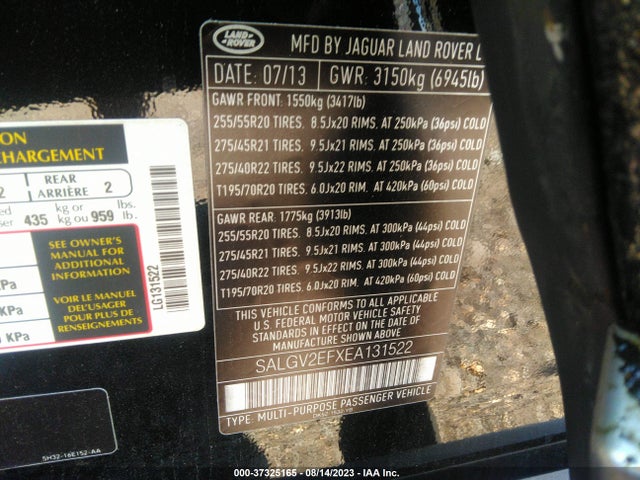 Land Rover Range Rover Supercharged 2014 SALGV2EFXEA131522 Image 9