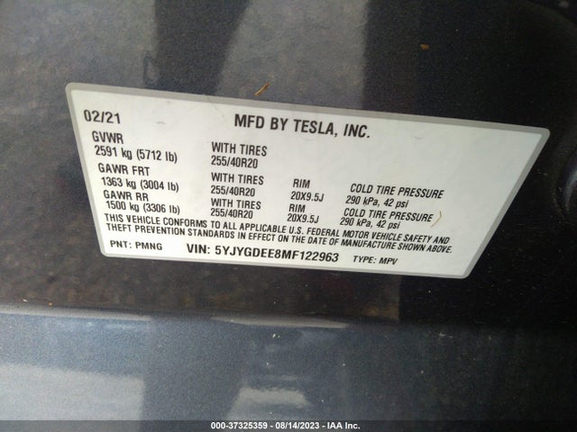 2021 TESLA MODEL Y LONG RANGE VIN: 5YJYGDEE8MF122963