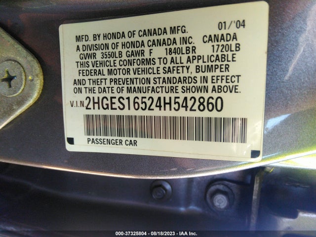 2004 HONDA CIVIC LX VIN: 2HGES16524H542860