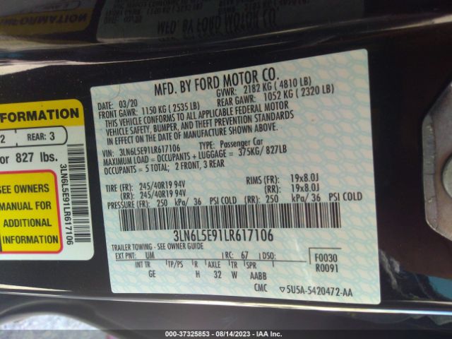 3LN6L5E91LR617106 Lincoln Mkz Reserve