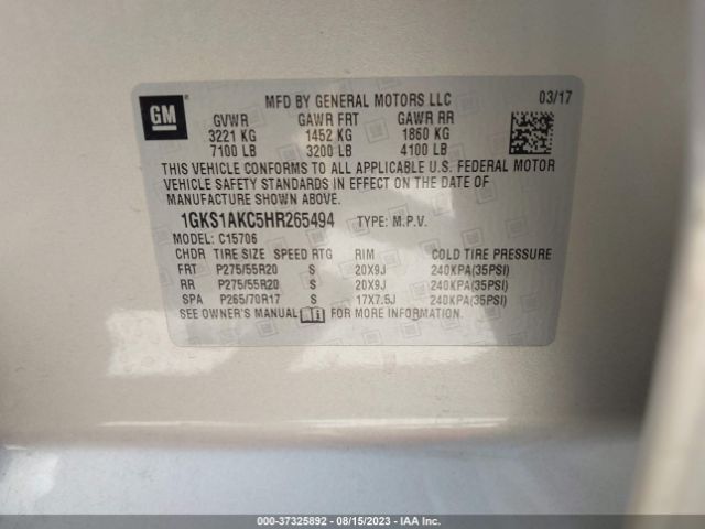 1GKS1AKC5HR265494 GMC YUKON SLE