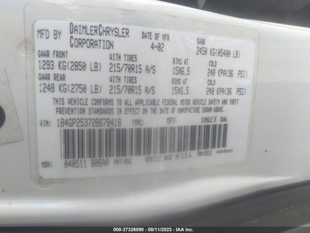 2002 DODGE CARAVAN SE VIN: 1B4GP25372B678418