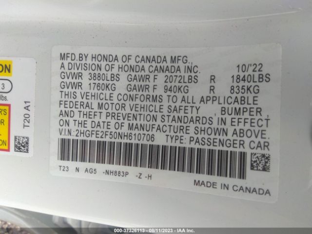 2HGFE2F50NH610706 Honda Civic Sedan Sport