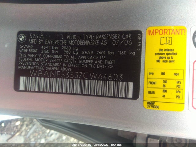 2007 BMW 5 SERIES 525I VIN: WBANE53537CW64603