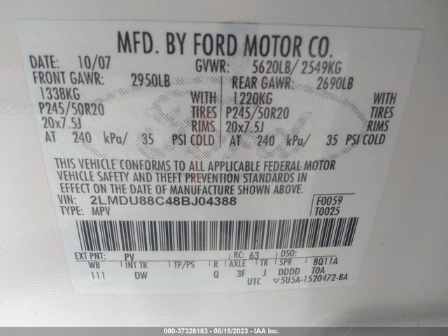 2008 LINCOLN MKX VIN: 2LMDU88C48BJ04388