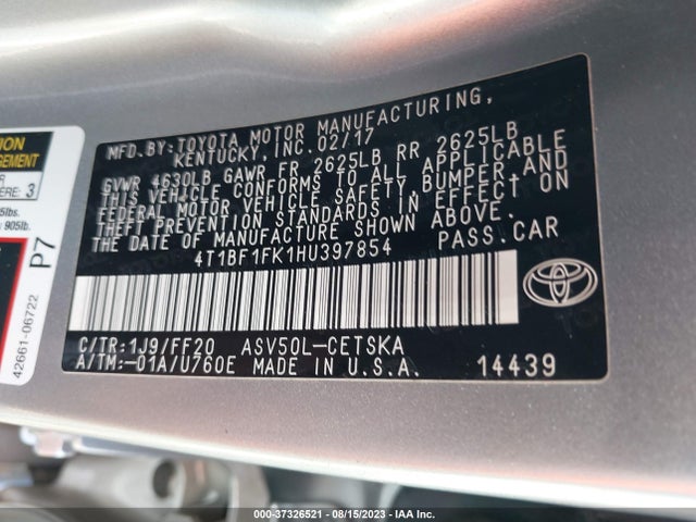 2017 TOYOTA CAMRY XLE/SE/LE/XSE VIN: 4T1BF1FK1HU397854