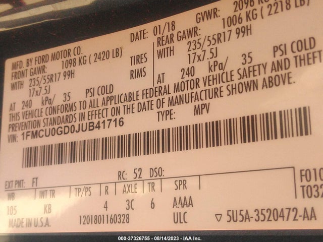 Ford ESCAPE SE 2018 1FMCU0GD0JUB41716 Image 9