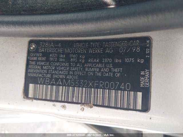 1999 BMW 3 SERIES 328I VIN: WBAAM5332XFR00740