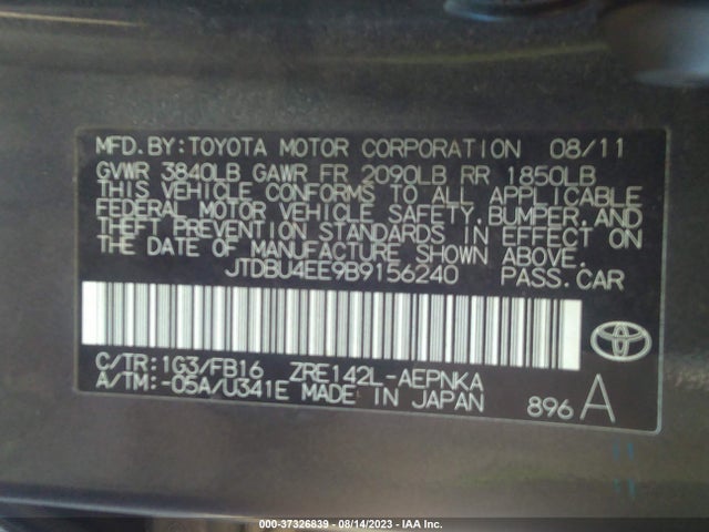 2011 TOYOTA COROLLA L/LE/S VIN: JTDBU4EE9B9156240