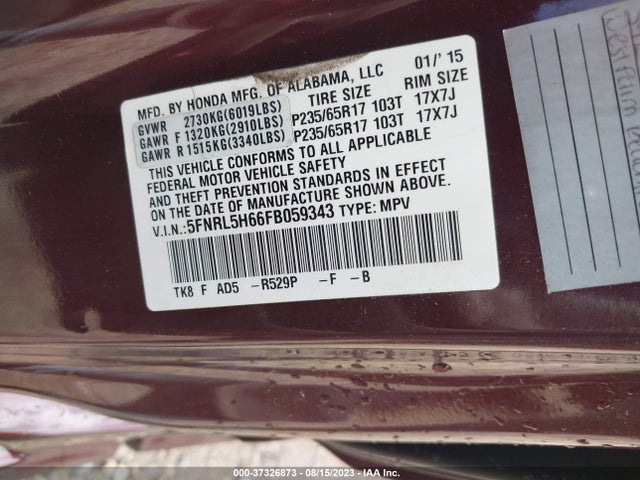 Honda Odyssey Ex-l 2015 5FNRL5H66FB059343 Image 9